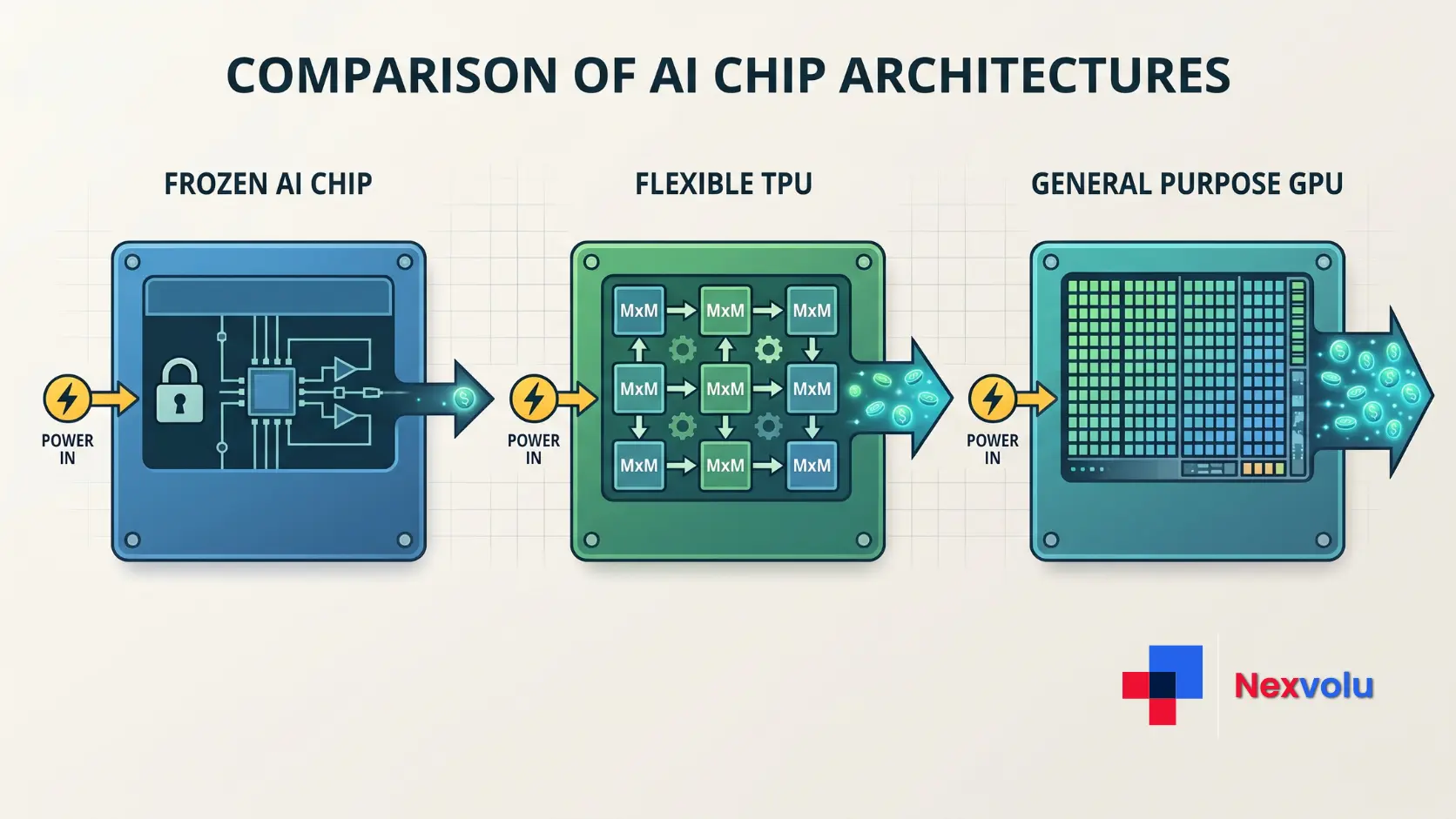 Diagram comparing Frozen v2, Google TPU, and Nvidia GPU on efficiency and flexibility