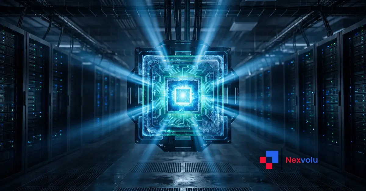 Frosted green AI chip glowing inside a dark Google data-center server hall
