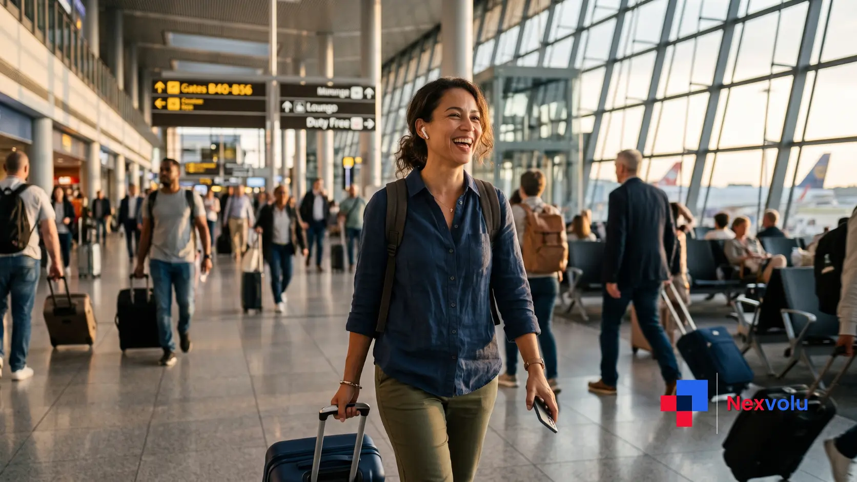 Commuter using hands-free GPT-Live voice AI while walking through a busy city station
