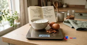 Kitchen scale weighing eggs and yoghurt to show how much protein do I need a day
