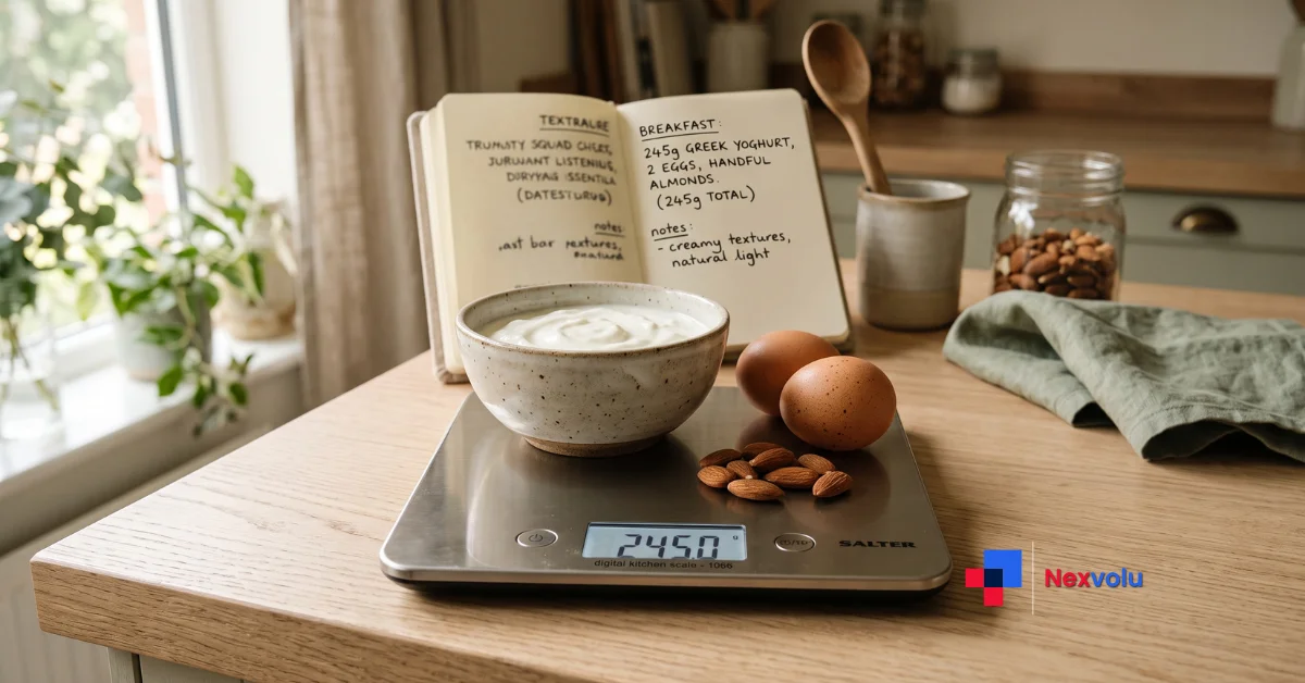 Kitchen scale weighing eggs and yoghurt to show how much protein do I need a day