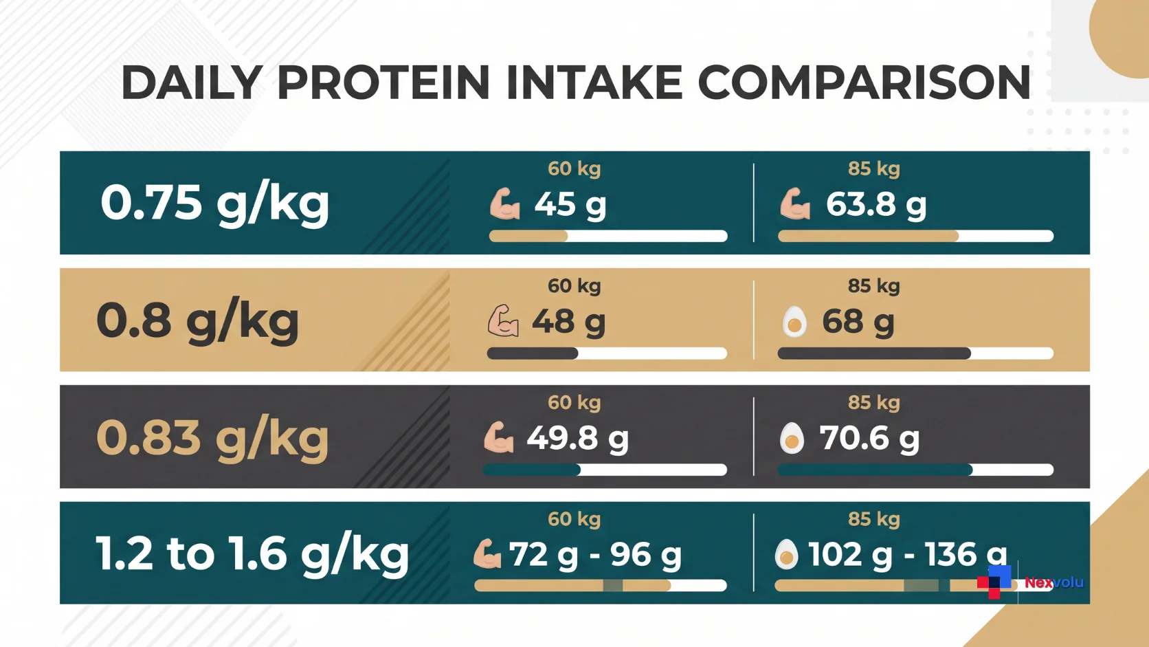 Comparison chart showing how much protein you need a day at different body weights in kg