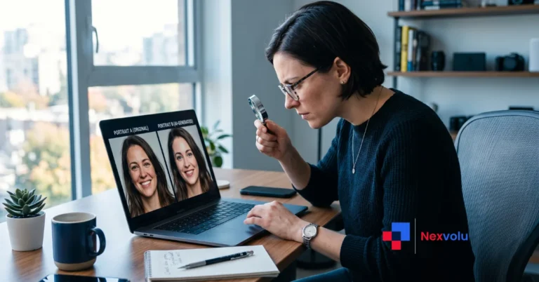 Person comparing a real photo and AI-generated content side by side on a laptop screen