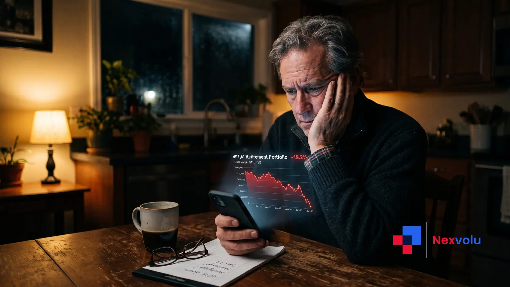 Worried investor checking a 401k retirement account during the AI chip selloff