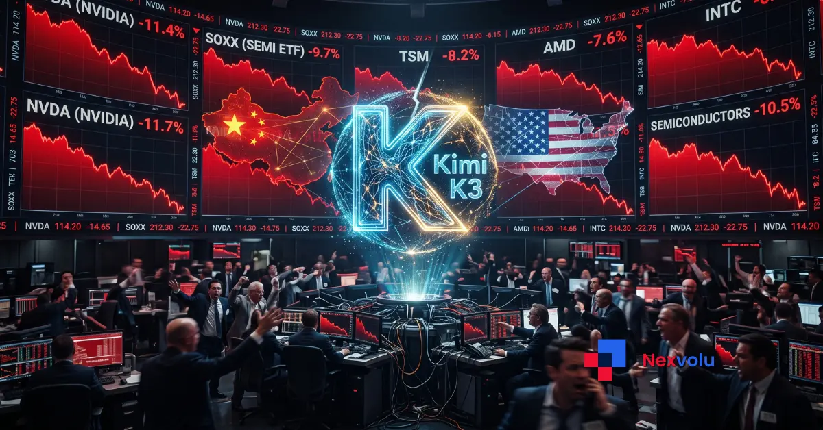 Kimi K3 AI model logo over a falling global chip-stock market chart