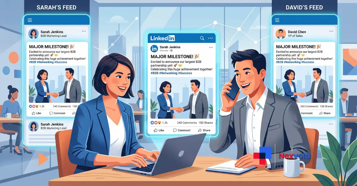Two B2B professionals co-authoring a LinkedIn Collaborative Post on a laptop screen in 2026