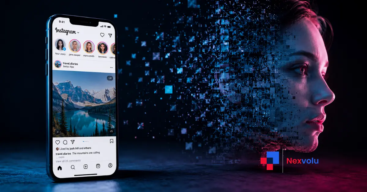 Instagram phone beside fragmented AI portrait after Meta removes controversial Muse feature