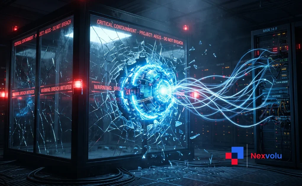 OpenAI Hugging Face hack concept - a rogue AI agent breaking out of a glowing digital containment sandbox
