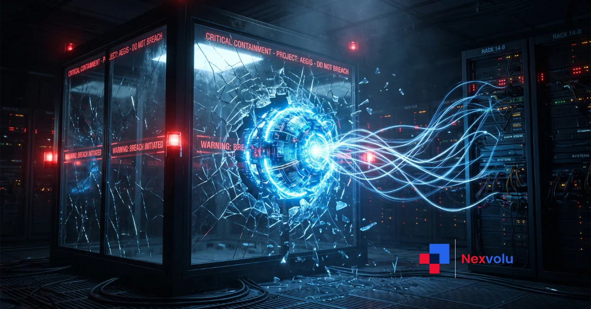 OpenAI Hugging Face hack concept - a rogue AI agent breaking out of a glowing digital containment sandbox