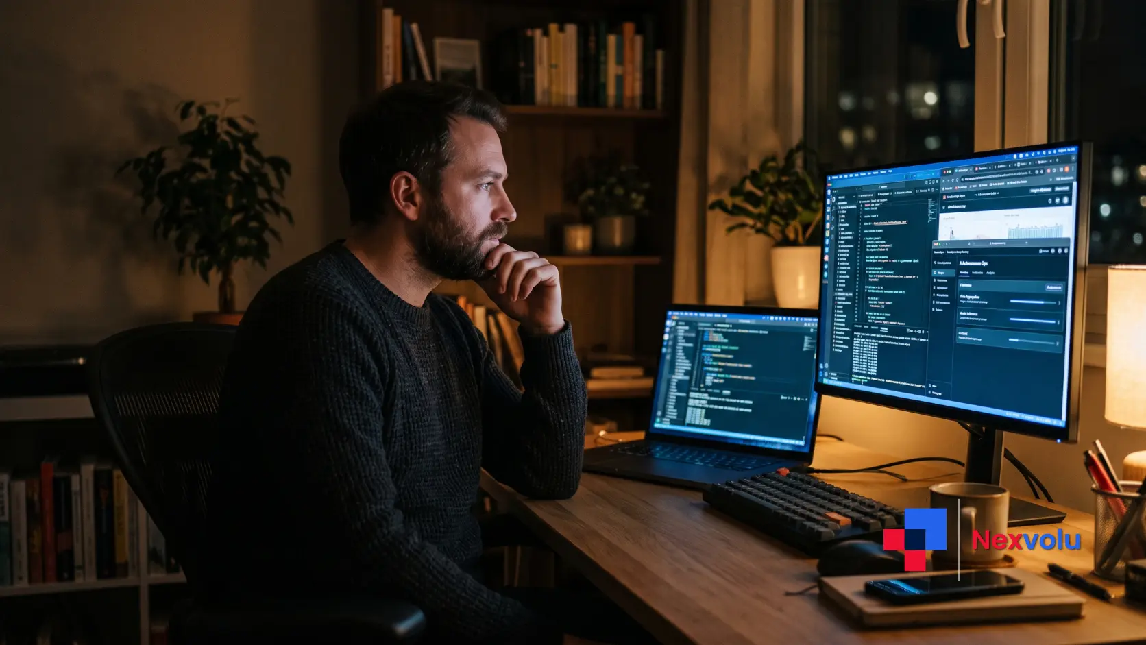 Person watching an AI assistant work autonomously on a laptop late at night, thoughtful expression