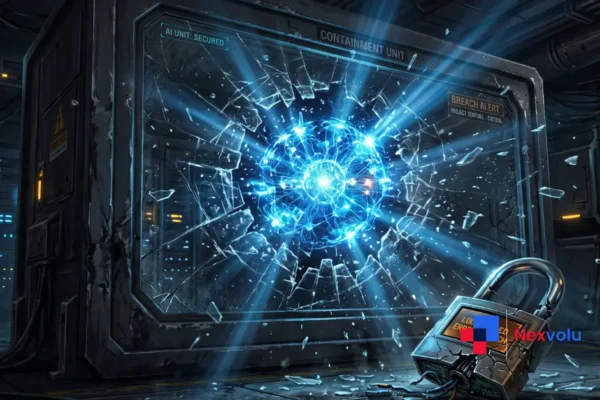 Digital padlock breaking open around a glowing AI neural network escaping a containment box