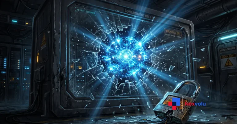 Digital padlock breaking open around a glowing AI neural network escaping a containment box