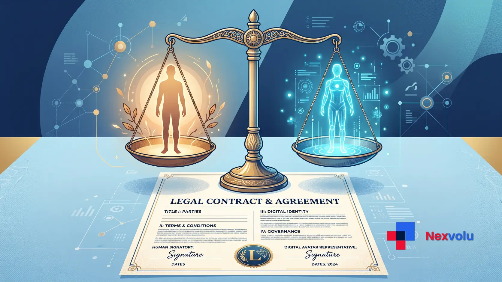 Illustration of a contract balancing a human actor against a glowing AI avatar