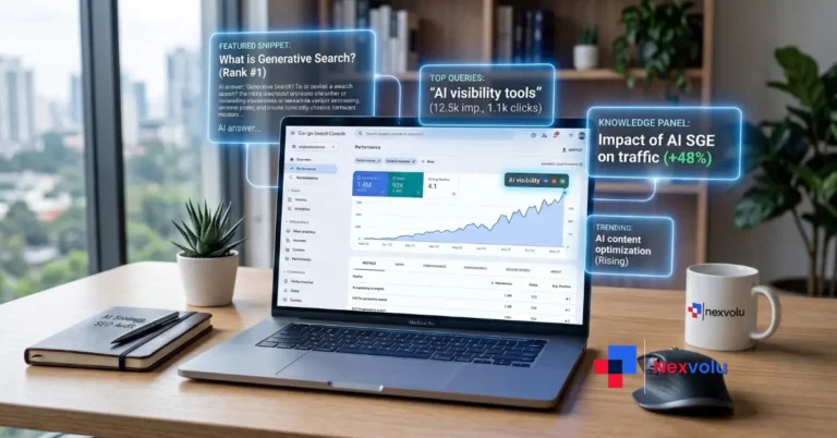 Search Console generative AI report dashboard showing AI visibility impressions on a laptop screen