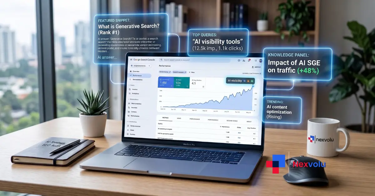 Search Console generative AI report dashboard showing AI visibility impressions on a laptop screen