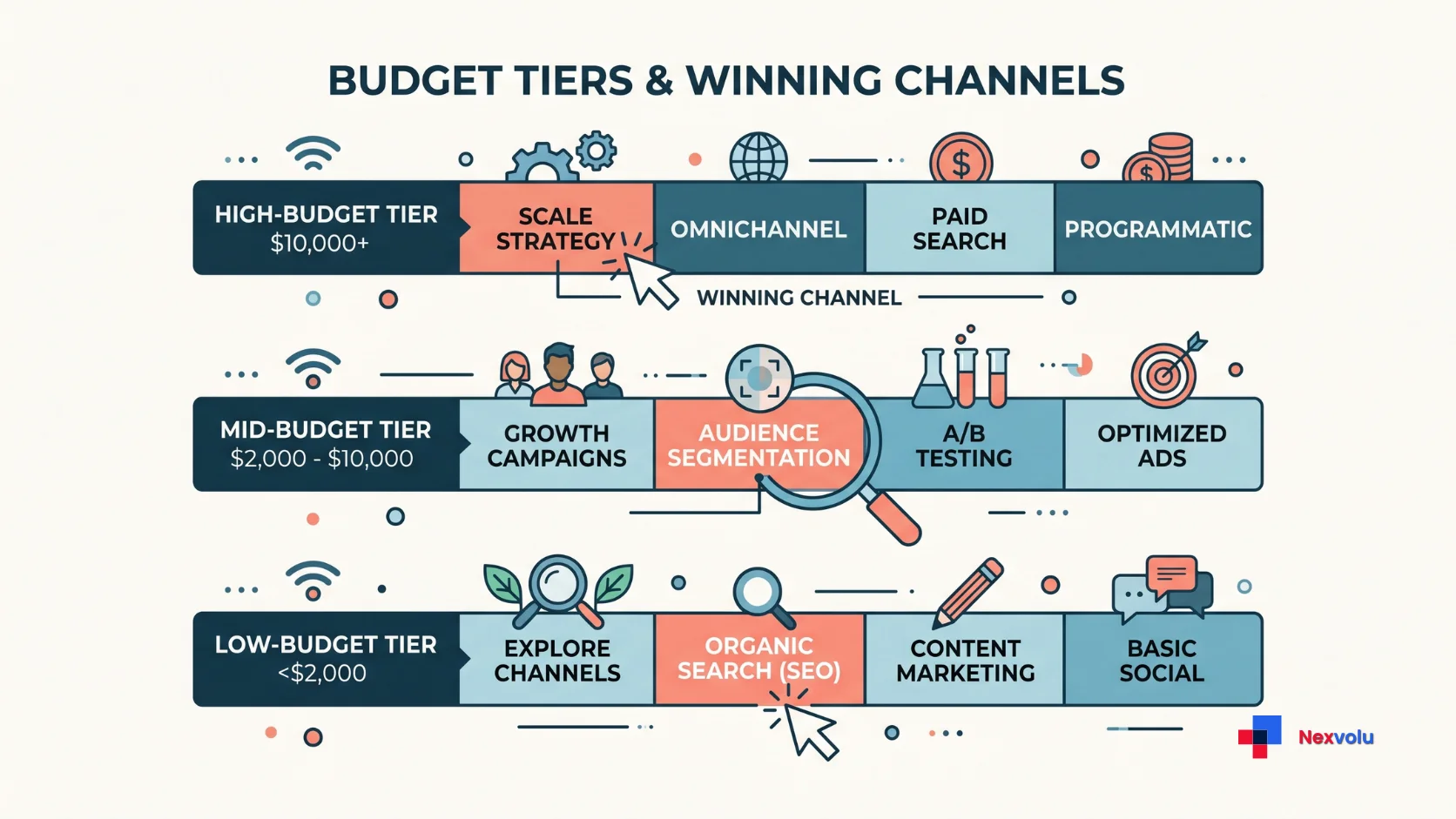 Decision table showing SEO or PPC winner for three small business monthly budget bands