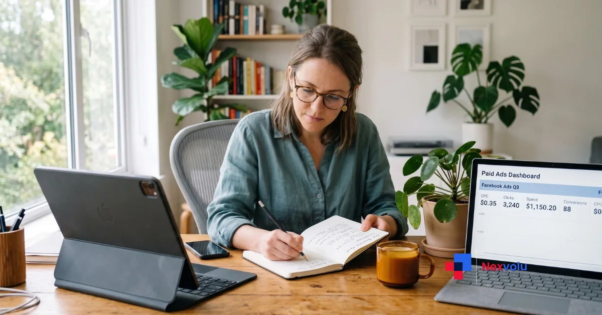 Small business owner comparing SEO vs PPC results on two laptop screens at a desk
