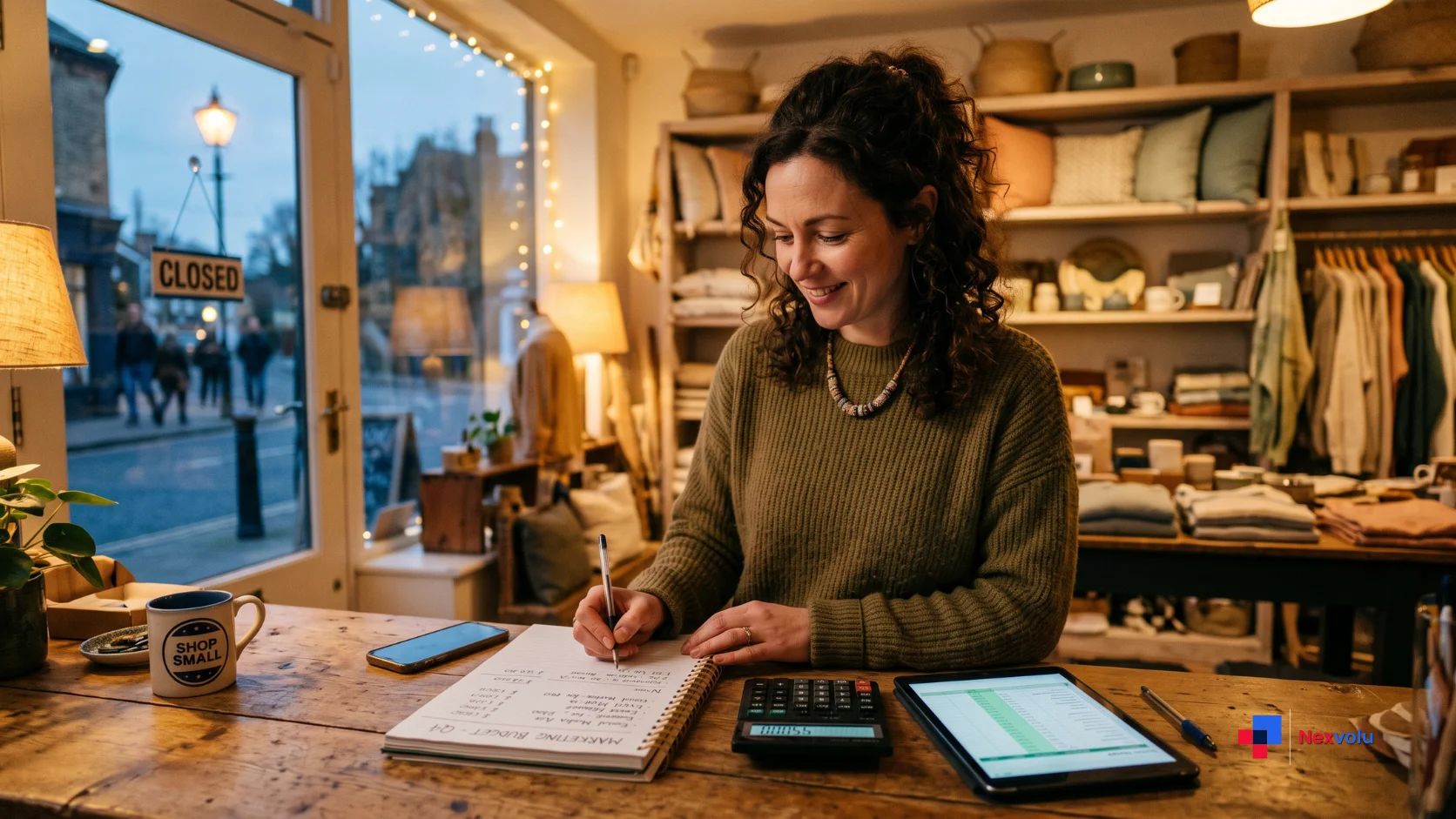 Independent shop owner reviewing a marketing budget plan with a notebook and calculator