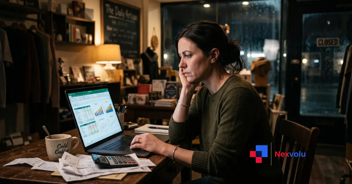 Small business owner reviewing a cash flow forecast on a laptop late at night in a quiet shop