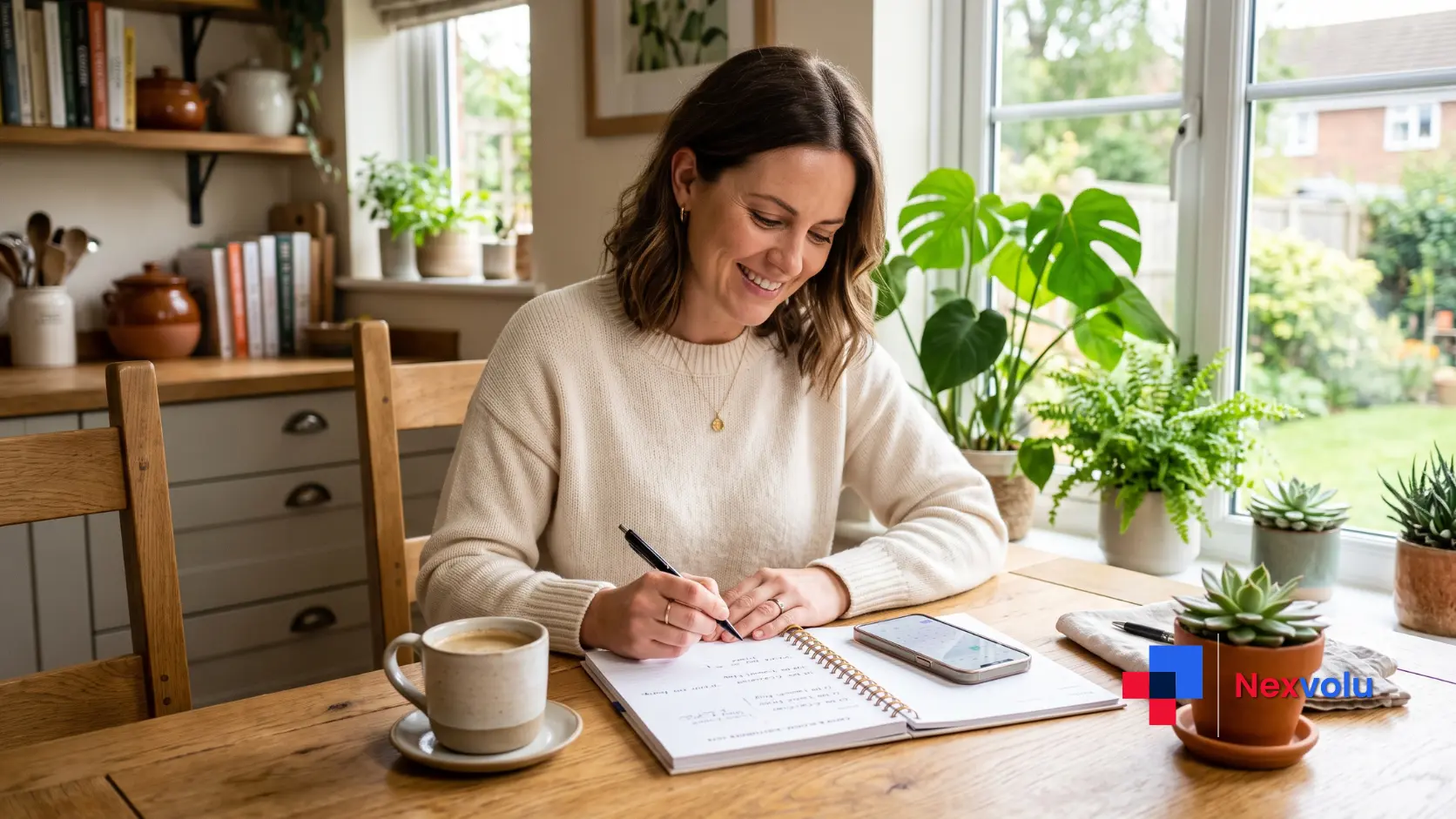Relieved small business owner planning finances confidently at a bright kitchen table in daylight