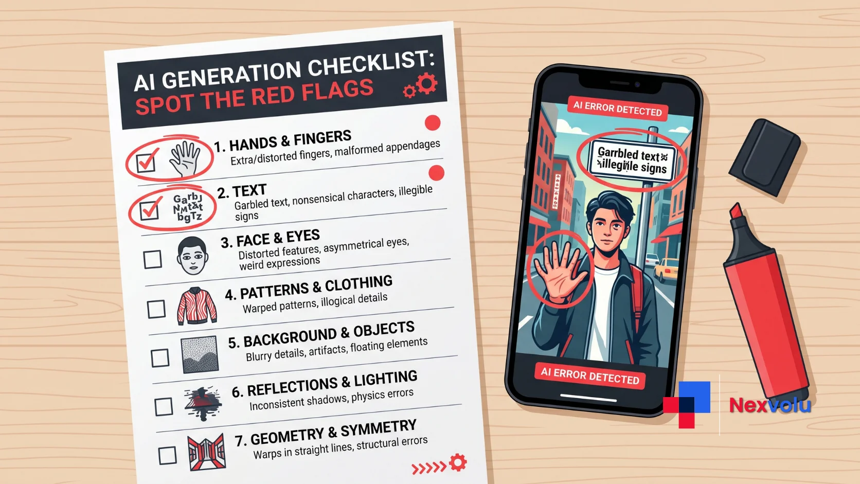 Checklist graphic showing telltale red flags for spotting AI-generated text and images