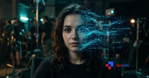 Tilly Norwood, Hollywood's first AI actor, face dissolving into digital code on a film set
