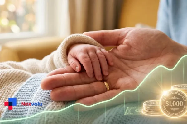 Newborn's hand beside a rising investment chart and a $1,000 U.S. Treasury deposit for a Trump Account
