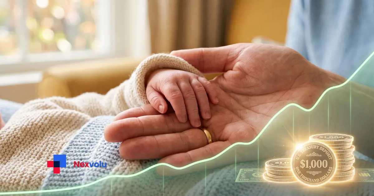 Newborn's hand beside a rising investment chart and a $1,000 U.S. Treasury deposit for a Trump Account