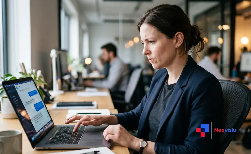 Employee pausing before pasting confidential company data while trying to use AI at work