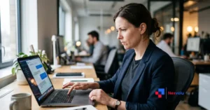 Employee pausing before pasting confidential company data while trying to use AI at work