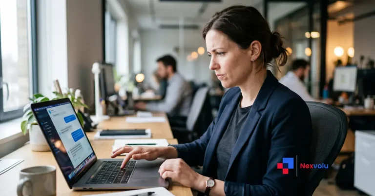 Employee pausing before pasting confidential company data while trying to use AI at work