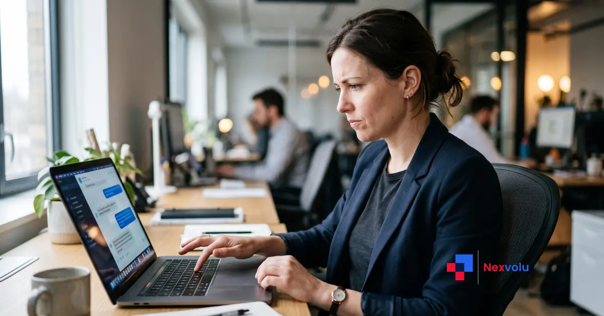 Employee pausing before pasting confidential company data while trying to use AI at work