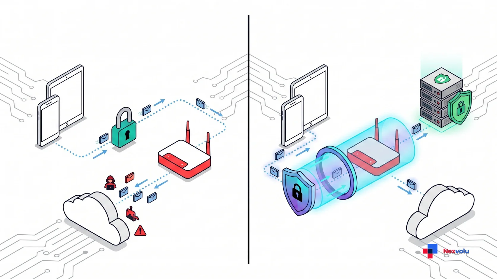 Diagram comparing HTTPS encryption with a VPN tunnel