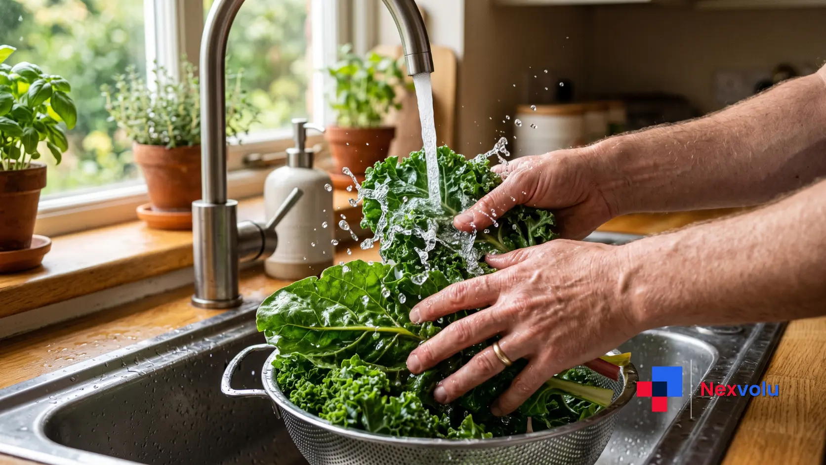 Person rinsing leafy greens under running tap water to reduce Cyclospora risk at home