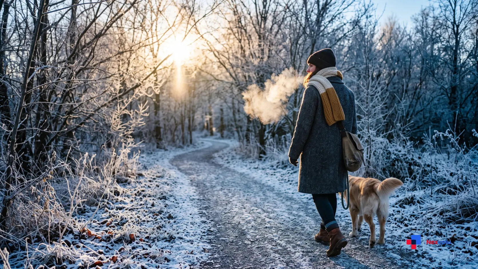 Person walking outdoors on a bright cold winter morning wrapped in a scarf and coat