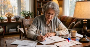 Retired couple reviewing 2027 Social Security COLA increase estimates on a kitchen table calculator