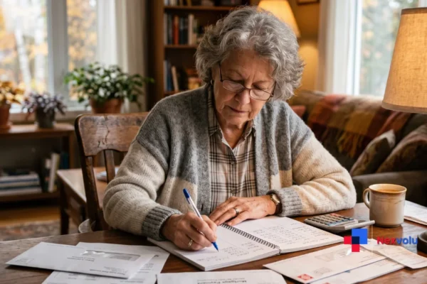 Retired couple reviewing 2027 Social Security COLA increase estimates on a kitchen table calculator