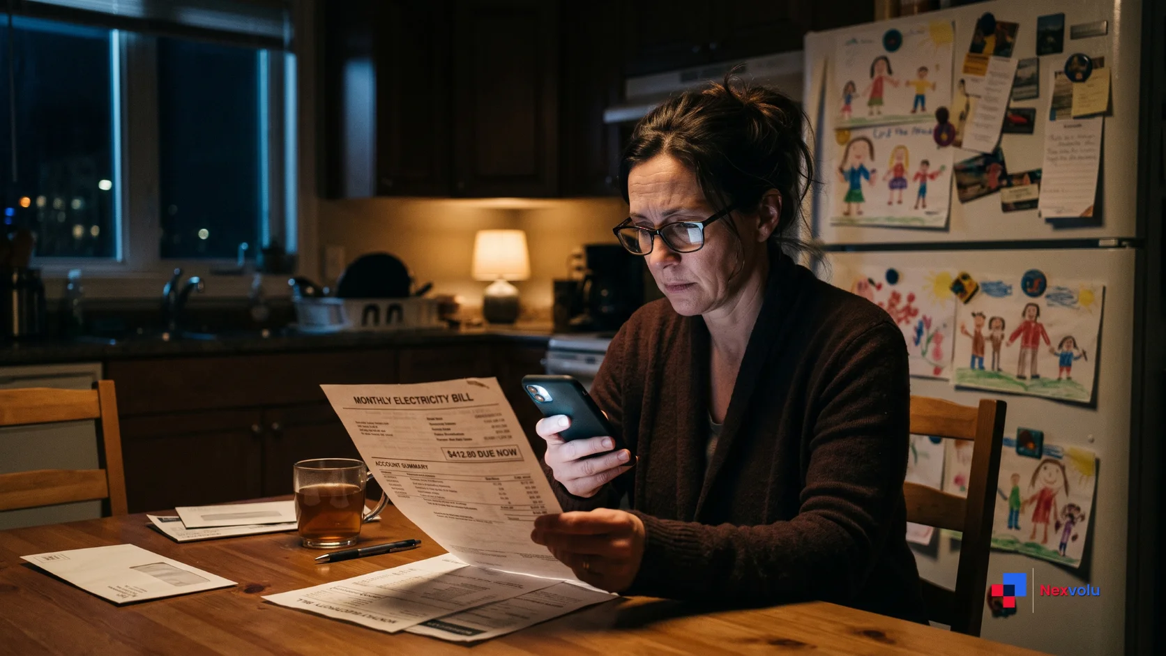 Person reviewing a rising data center electricity bill at a kitchen table at night