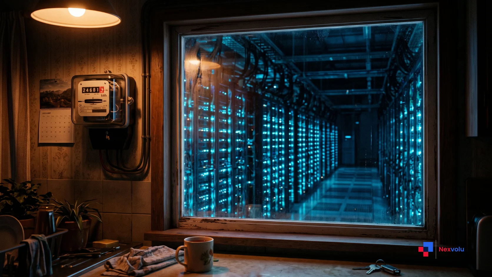 Data center electricity bill concept: server racks glowing beside a home power meter