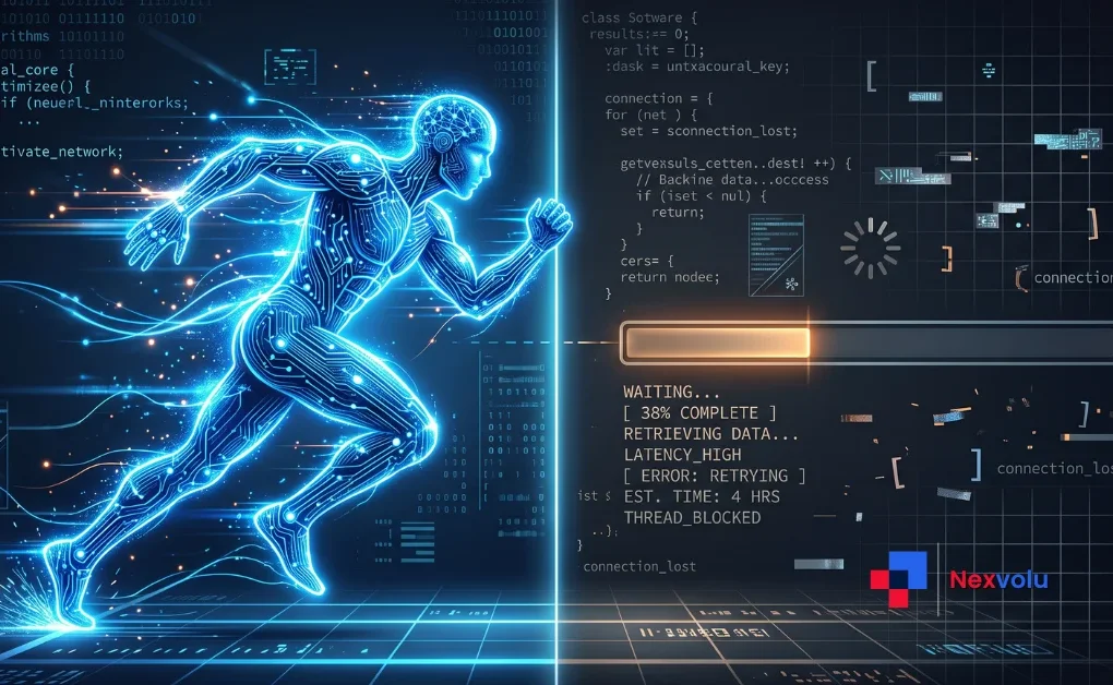 AI security bugs outpacing a slow software update progress bar, digital concept art