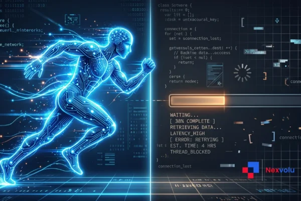 AI security bugs outpacing a slow software update progress bar, digital concept art