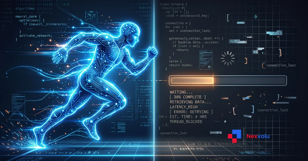 AI security bugs outpacing a slow software update progress bar, digital concept art