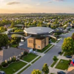 Amazon drone delivery MK30 drone carrying a package over suburban US homes