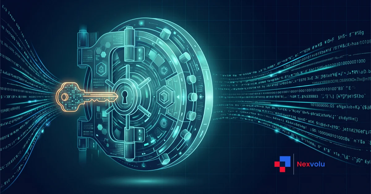 Illustration showing why password managers are safe, with an encrypted vault protected by a master password key