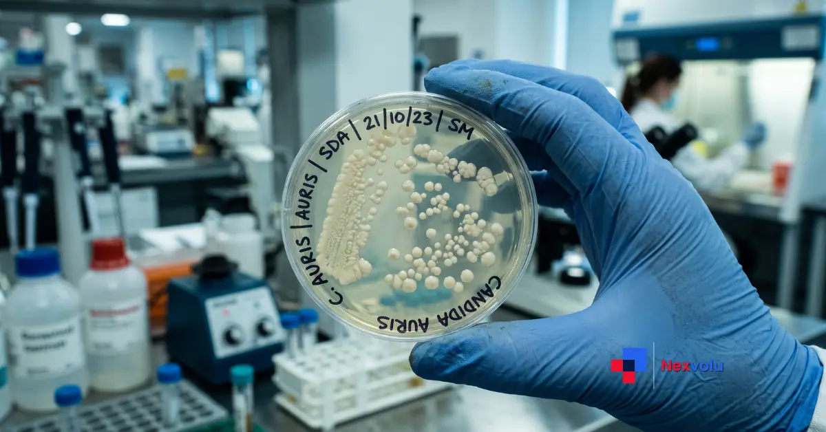 Candida auris yeast culture growing in a petri dish at a hospital laboratory