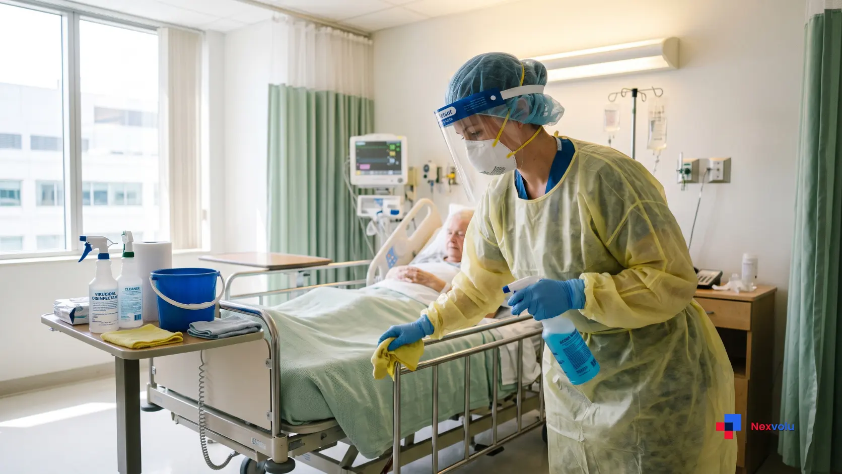 Healthcare worker disinfecting a hospital room to stop candida auris spread