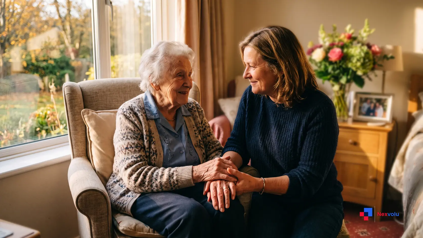 Family member holding hands with elderly patient in a care facility room
