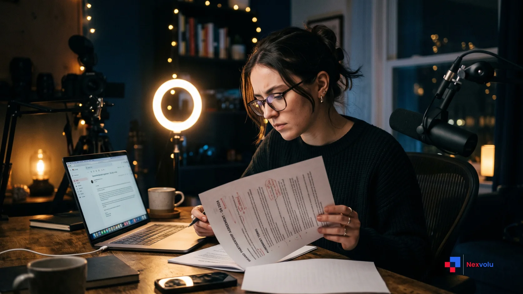 Content creator thoughtfully reviewing an AI brand deal contract late at night