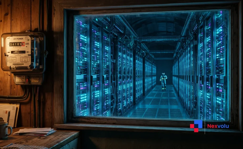 Data center electricity bill concept: server racks glowing beside a home power meter