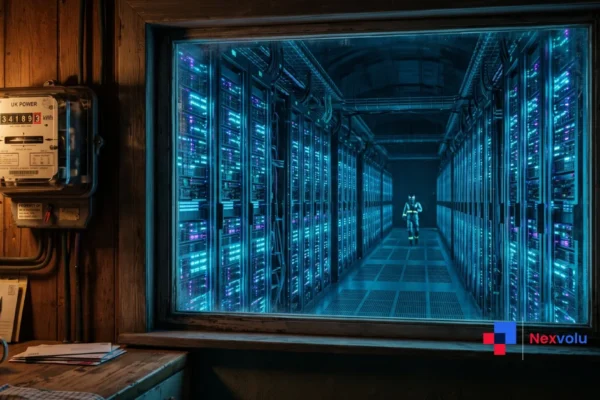 Data center electricity bill concept: server racks glowing beside a home power meter